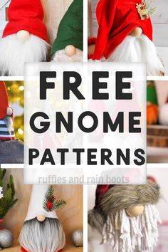 free gnome patterns for christmas and other holiday decorating projects with text overlay that reads, free gnome patterns