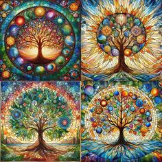 four different stained glass paintings depicting the tree of life