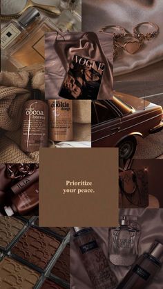 a collage of different items including shoes, bags and perfumes in brown tones