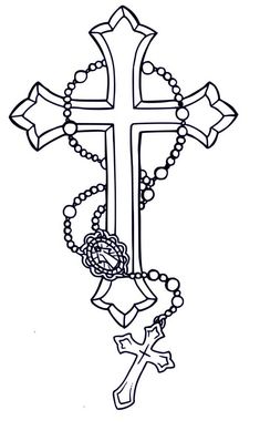 a black and white drawing of a cross with rosarys on the bottom, surrounded by bells