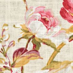 a close up view of the fabric with pink and white flowers on it's side