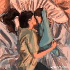 a painting of two people laying in bed with one holding the other's head