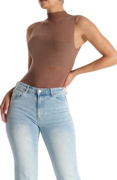 A streamlined funnel neck adds to the allure of this slinky mesh bodysuit that's ready for a night out. 28" length Snap closure Funnel neck Sleeveless Partially lined 95% nylon, 5% spandex Hand wash, line dry Imported Seamless Bodysuit For Night Out In Spring, Seamless Stretch Bodysuit For Club, Chic Second-skin Bodysuit With Sheer Detail, Chic Sheer Second-skin Bodysuit, Club Bodysuit With Built-in Bra, Seamless Bodycon Bodysuit For Night Out, Club Bodysuit With Built-in Bra And Stretch, Stretch Bodysuit With Built-in Bra For Club, High Stretch Nylon Bodysuit For Night Out