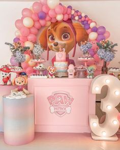 a pink birthday party with balloons and decorations