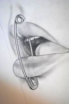 a pencil drawing of a woman's eye with a hook in it