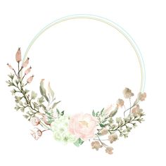 a watercolor wreath with pink flowers and green leaves on the bottom, in pastel colors