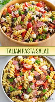 Italian pasta salad with salami, black olives, mozzarella, and a mix of vegetables. Pasta Salad With Mozzarella, Salad Potluck, Summer Pasta Salad Recipes, Summer Side Dish