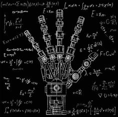 a drawing of a hand made out of mechanical parts on a blackboard with lots of calculations