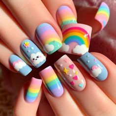 Rainbow Nail Art, Unghie Nail Art, Spring Nail Designs, Really Cute Nails, Nails For Kids, Spring Nail Art, Kawaii Nails, Rainbow Nails, Cute Nail Art