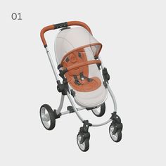 an orange and white stroller with wheels on the bottom is shown in this image