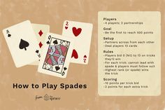 the instructions for how to play spades are shown in this graphic above an image of playing cards