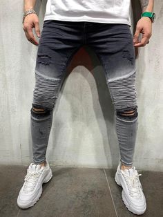 Men Street Look, Jogger Pants Style, Mens Joggers Sweatpants, Streetwear Jeans, Faded Jeans, Green Jeans, Pants Style