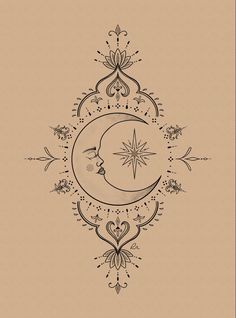 a drawing of a crescent with a star in the middle and an ornate border around it