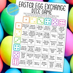 an easter egg exchange game with colored eggs in the background