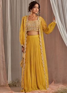 Yellow Georgette Lehenga With Scalloped Long Cape Lehenga Nidhika Shekhar Organza Cape, Jacket Lehenga, Haldi Dress, Haldi Outfits, Haldi Outfit, Georgette Lehenga, Long Cape, Beaded Jacket