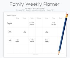 a printable family weekly planner with pencil