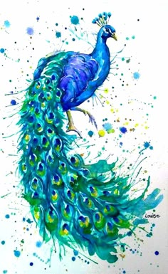 a painting of a peacock with blue feathers