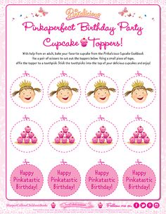 a pink princess birthday party cupcake topper is shown with the words, happy plac