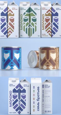 an assortment of cans and boxes with different designs on the sides, all in various colors