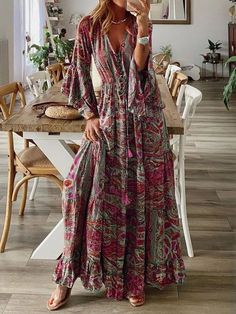 Women's Bohemian Dress V-neck Floral Printed Puff Long Sleeve Boho Beach Dress Bohemian V-neck Maxi Dress For Beach Season, Pink V-neck Bohemian Dress, Pink Bohemian V-neck Maxi Dress, Hippie V-neck Maxi Dress With Boho Print, Hippie Style Maxi Dress With Boho Print And V-neck, Hippie Maxi Dress With Boho Print And V-neck, Printed V-neck Boho Hippie Dress, Hippie Printed Boho Dress With V-neck, Multicolor Maxi Length V-neck Dress For Vacation