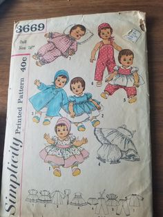 an old sewing pattern for children's dresses and footies, with pictures of babies on them