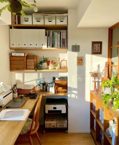 a home office with lots of shelves and plants on top of the desk, in front of a window