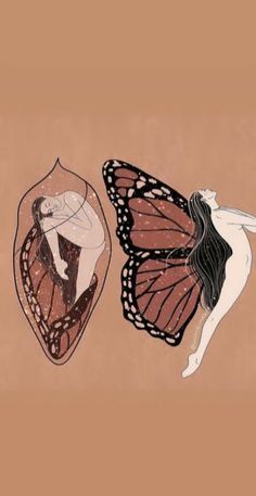 two butterflies are flying next to each other on a brown background, one has a woman's body and the other is a man's head