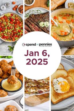 a collage of photos with different foods and words that read spend pennies jan 6, 205