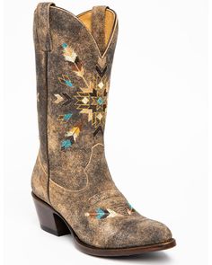 Cushion insole Feather and arrow embroidery Leather outsole 12" shaft Snip toe Cowboy heel Full-grain leather Leather lining Painted Cowgirl Boots, Vaquera Boots, Arrow Embroidery, Lady Outfits, Embroidery Cushion, Handcrafted Boots, Ariat Boots, Roper Boots, Tights And Boots