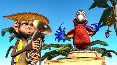 two cartoon characters are playing instruments in front of some palm trees and blue sky with birds