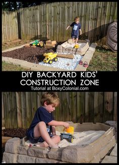 two pictures of children playing with toys in the backyard and on the back yard area