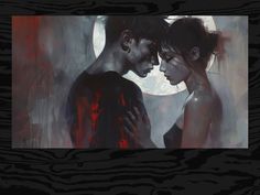 two people standing next to each other in front of a full moon with blood on them