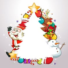 a white christmas tree surrounded by santa claus and snowmen