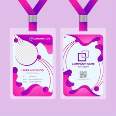 two id cards with pink and purple shapes on them, one has a name tag attached to