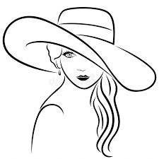 a woman with long hair wearing a large hat, black and white drawing on a white background