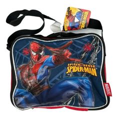 the spider - man lunch bag is on display with its contents in it's pouch