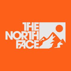 the north face logo is shown in white on an orange background with mountains and sun