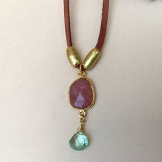 New Necklace Simply Stunning Natural Strawberry Quartz Wrapped In 18k Gold Plated Bezel, Aquamarine Faceted Briolette, Antique Tone Gold Plated Tube Beads High Quality Natural Genuine Brown Tone Leather Suede Cord Necklace Is Adjustable To Your Desired Length Between 17” And 30” And Can Be Worn Both Short Or Long Great Gift Idea Handcrafted / Handmade In Us Item Please Review My Other Handcrafted Unique Exclusive Artisan Jewelry On Sale 10% Discount And Free Shipping For Additional Jewelry With Suede Cord Necklace, Leather Cord Jewelry, Sundance Jewelry, Leather Cord Necklace, Cord Jewelry, Brown Tone, Leather Corded Necklace, Suede Cord, Strawberry Quartz