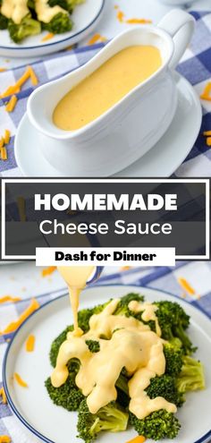 homemade cheese sauce is being drizzled over broccoli on a plate