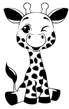 a cartoon giraffe sitting down with its tongue out and eyes wide open, looking at the camera