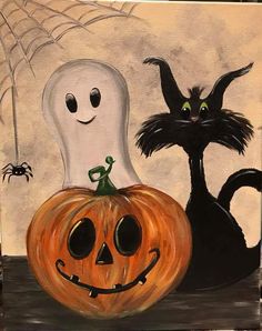 an acrylic painting of two halloween pumpkins and a black cat in front of a spooky ghost