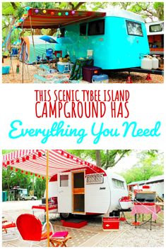 an old camper has been converted into a tiny house with the words, this scenic tree island campground has everything you need