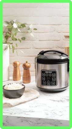 an electric rice cooker sitting on top of a counter next to a potted plant