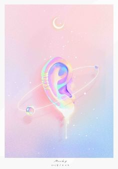 an abstract poster with the shape of a saturn and moon in pastel colors on a pink background