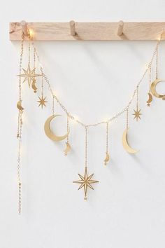 Celestial Moon and Star Garland with String Lighting - Ariana Ost Celestial Room, Home Ideas Kitchen, String Lighting, Drawing Home, Laser Cut Patterns, Star Garland, Decoration Piece, Moon And Star, Star Moon