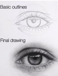 three different types of eyes with the words basic outlines and final drawing on them