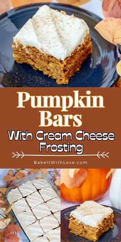 pumpkin bars with cream cheese frosting are on a blue plate and surrounded by fall leaves