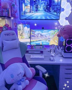 Kawaii girl game station Gamer Bedroom, Gaming Desk Setup, Computer Gaming Room, Otaku Room, Gamer Room Decor, Video Game Room Design, Video Game Rooms, Dekorasi Kamar Tidur, Anime Room