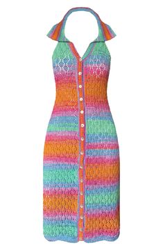 Enjoy a day of shopping or relax at the cabana in this cover-up halter dress crafted from an openwork crochet with asymmetric, multicolored stripes. Front button closure Halter neck Sleeveless 50% cotton, 50% viscose Hand wash, dry flat Made in Peru Hispanic & Latinx Owned/Founded Funky Dresses Fashion, Bright Clothes Aesthetic, Summer Dress Patterns Free, Summer Dresses Tutorial, Organza Fashion, Princess Era, Summer Dresses Uk, Multicolor Crochet, Crochet Summer Dresses