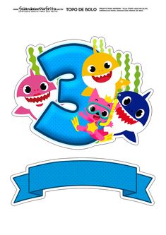 the number three is surrounded by sharks and other sea creatures, including an octopus, shark,